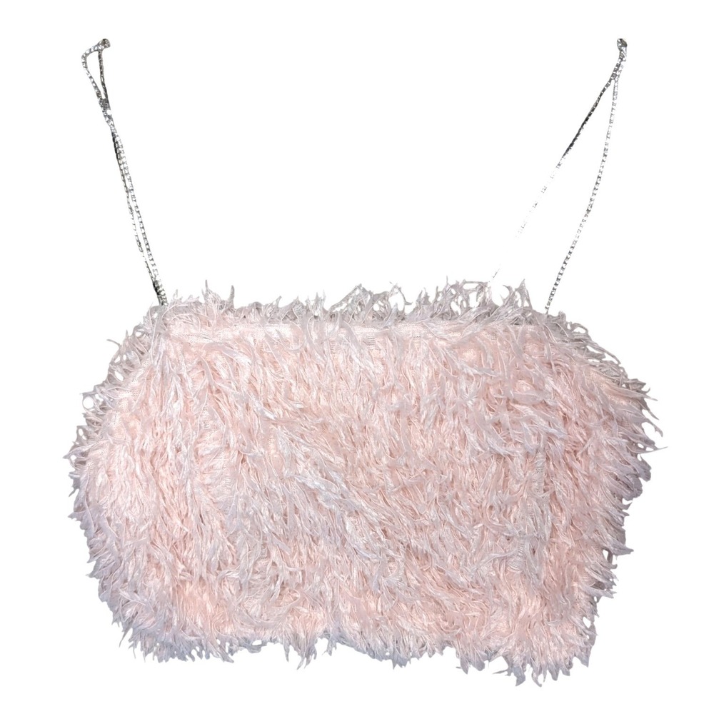 House of Harlow 1960 Size 8 Pastel‎ Pink Fluffy Cropped Tank Top Crystal Straps